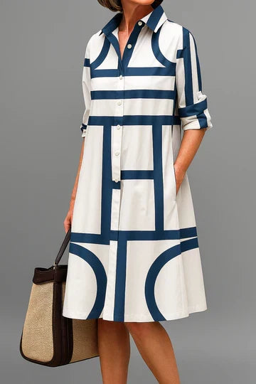 Collared Button Up Geometric Print Long Sleeve Shirt Midi Dress