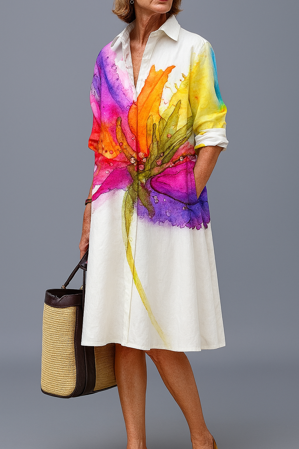 Colorful Collared Watercolor Floral Print Long Sleeve A-Line Midi Shirt Dress