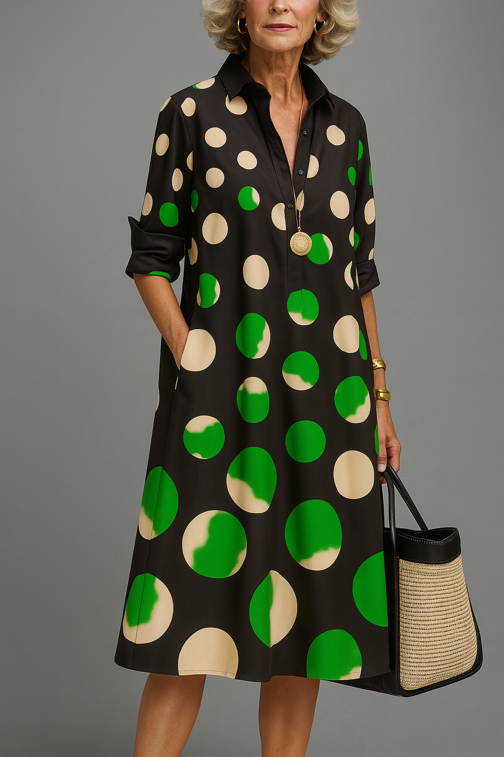 Black Collared Polka Dot Print Long Sleeve Button Placket Shirt Midi Dress