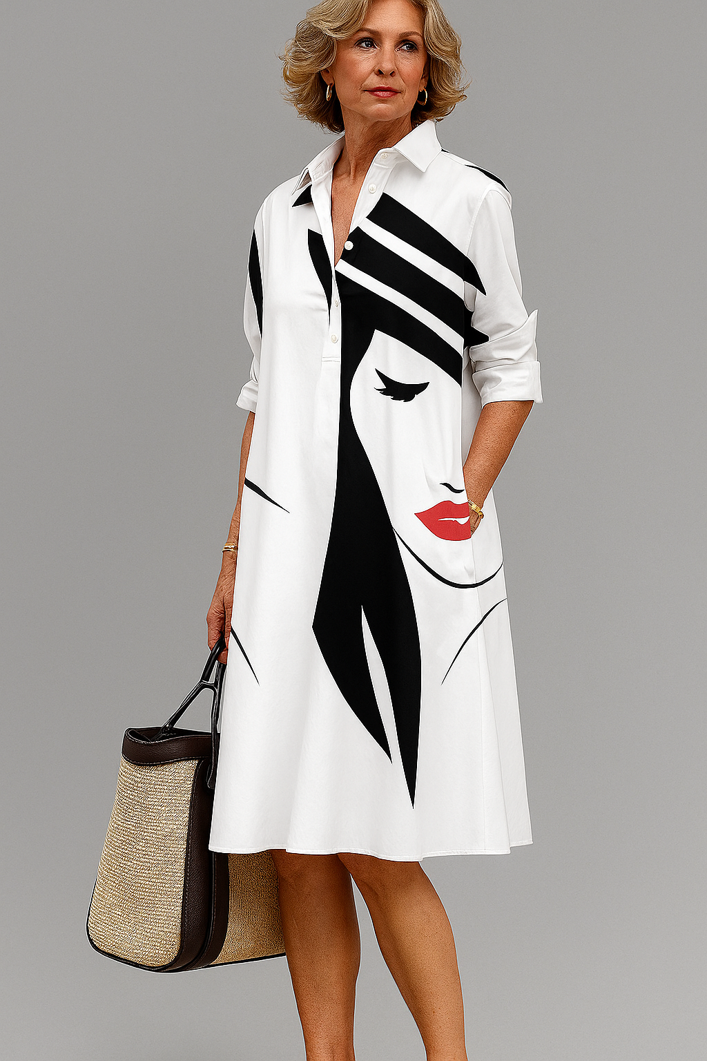 White Collared Button-Front Face Print Long Sleeve Shirt Midi Dress