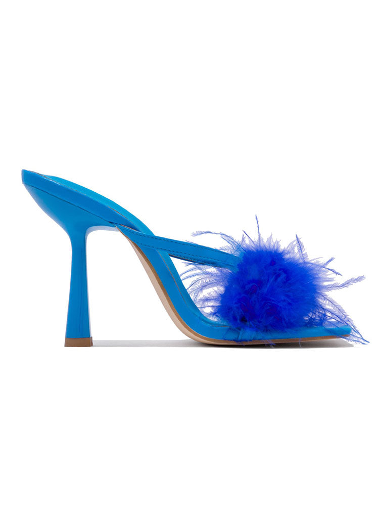 Feather Trim Square Toe Stiletto High Heel Mules