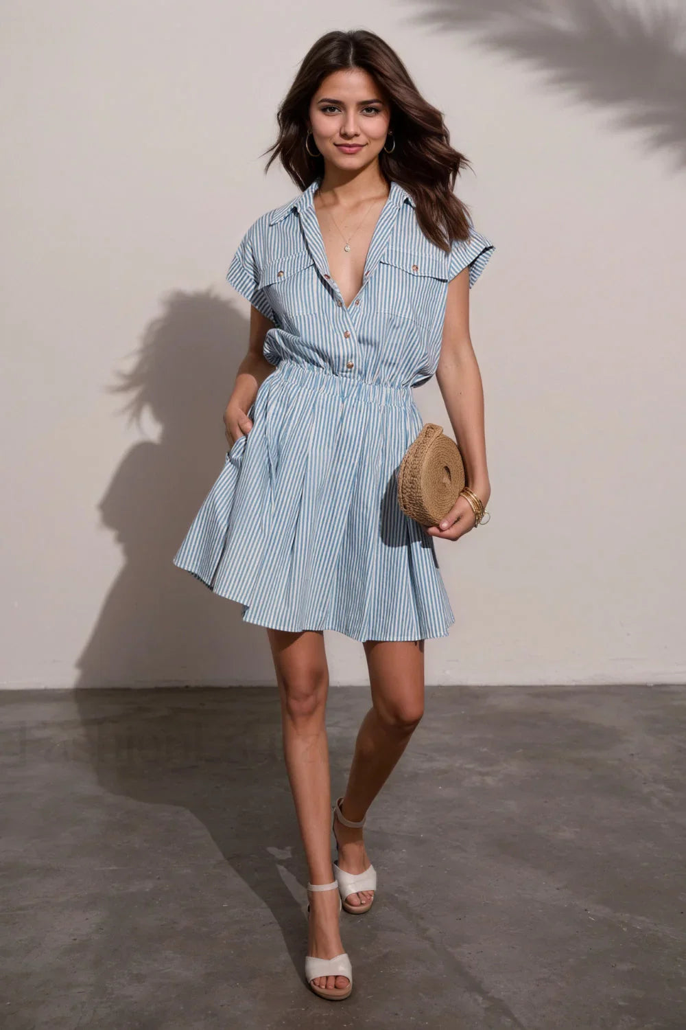 Blue Striped Collared Short Sleeve Bodycon Work Dress