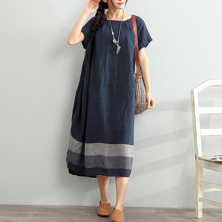 Blue Summer Linen Dresses Oversize Casual Sundress Slash Neck Maxi Dress