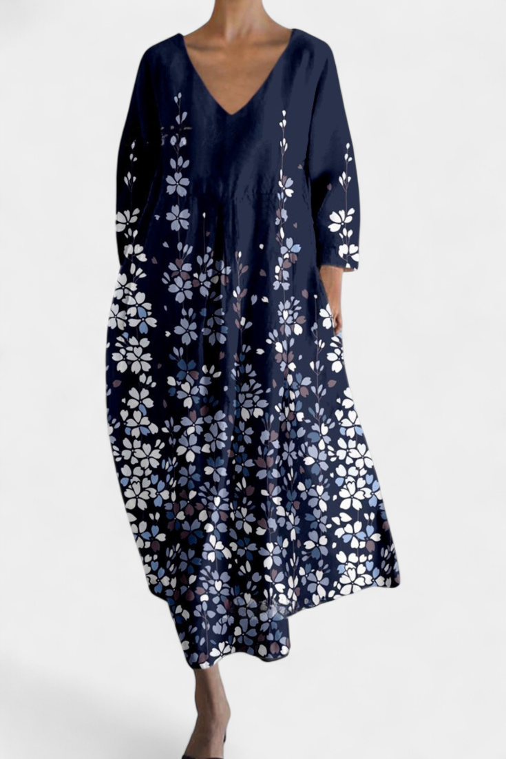 V-Neck Abstract Watercolor Print Pleated Pocket Cocoon Midi Dress 11