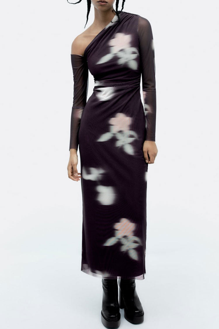 Purple One Shoulder Long Sleeve Blurred Floral Ruched Mesh Bodycon Maxi Dress