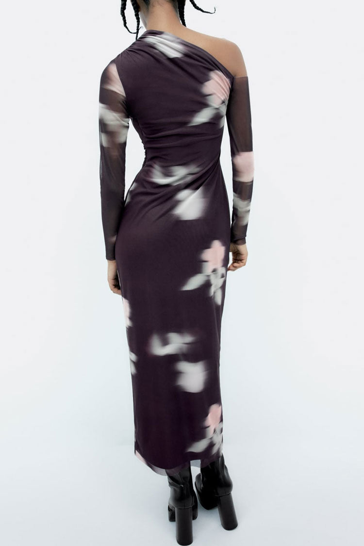 Purple One Shoulder Long Sleeve Blurred Floral Ruched Mesh Bodycon Maxi Dress