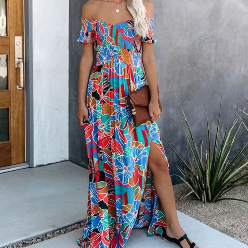 Boho Off Shoulder Colorful Floral Maxi Dress