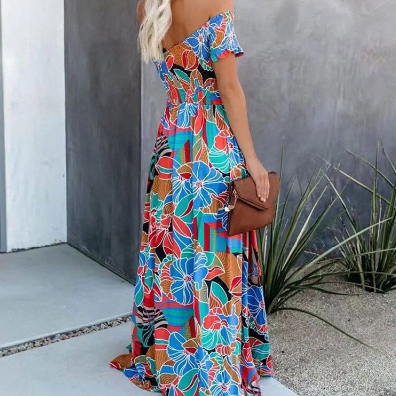 Boho Off Shoulder Colorful Floral Maxi Dress