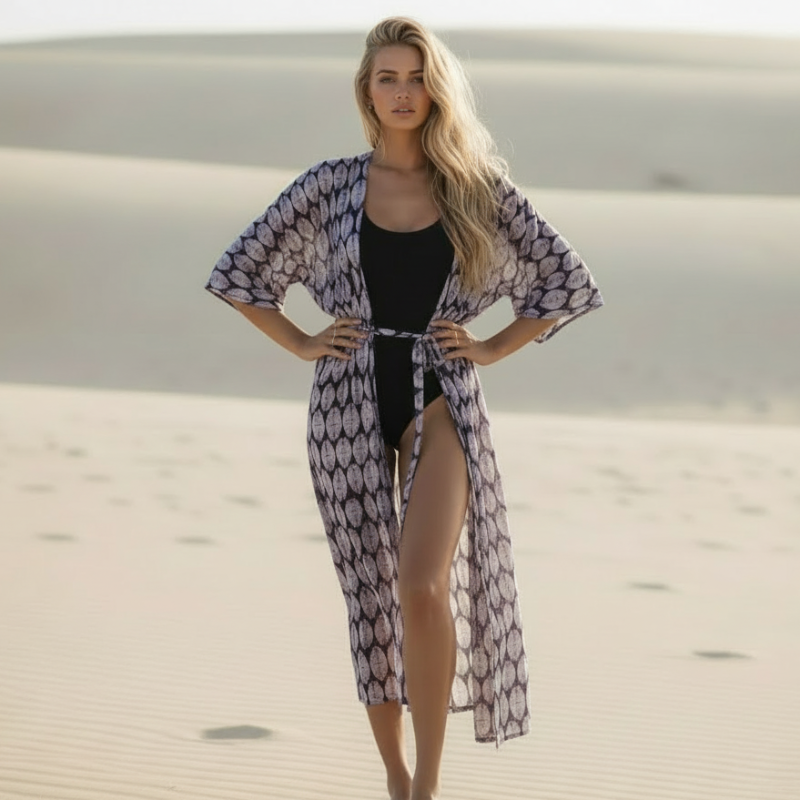 Boho Beach Hut Cardigan, Cover up, Kimono, Plus Size Long Floral Kimono Swimsuit Cover Up Purple / One Size