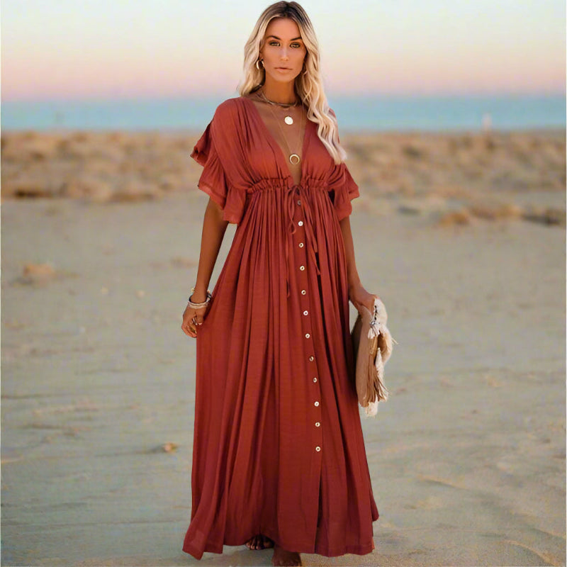 Boho Beach Hut Cover-Ups, Dress, maxi dress, white dress, short sleeve dress, v neck dress, plus size dress Boho Casual Summer Beach Cover Up Dress Burnt Orange / One Size