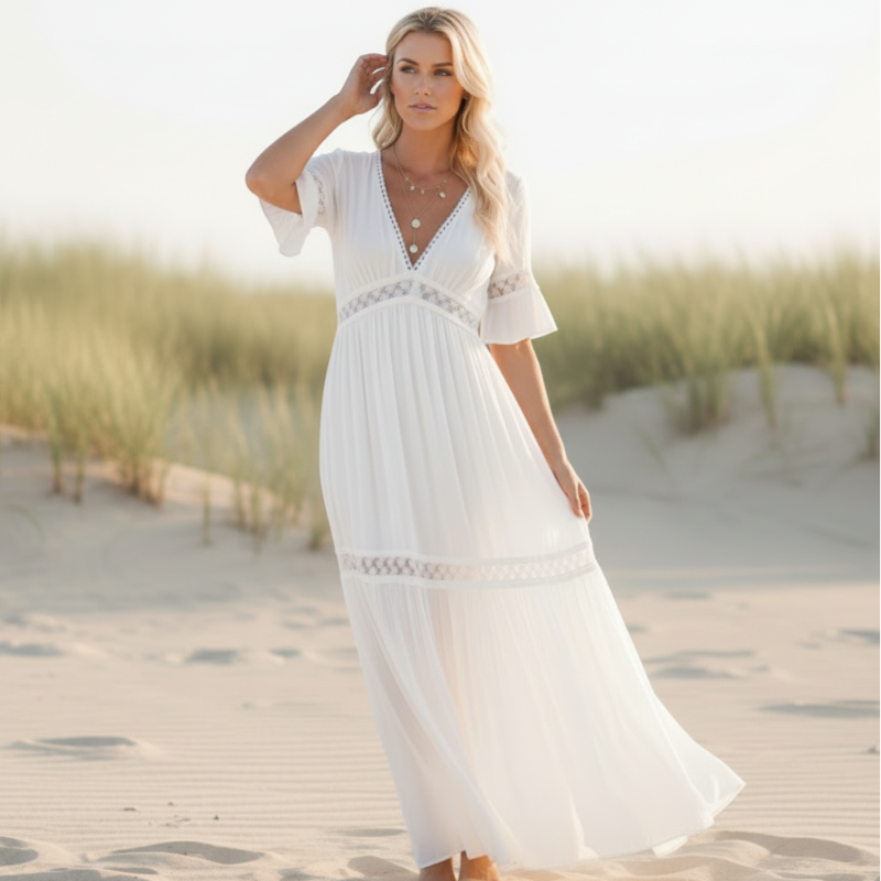 Boho Beach Hut Dress, Maxi Dress White Lace High Waist Boho Maxi Dress