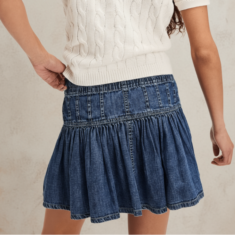 Retro Pleated Denim Mini Skirt