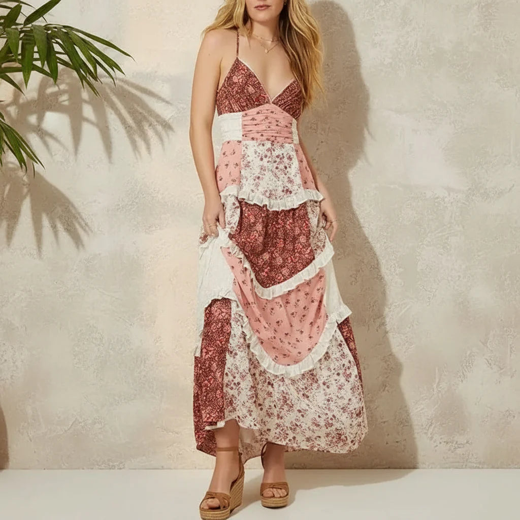 Boho Beach Hut Maxi Dress, Sundress Boho Patchwork Strapless Maxi Dress Pink / S