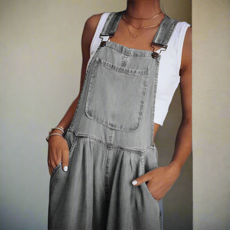 Boho Beach Hut Overalls, Jumpsuit Vintage Boho Denim Wide Leg Overalls Gray / S