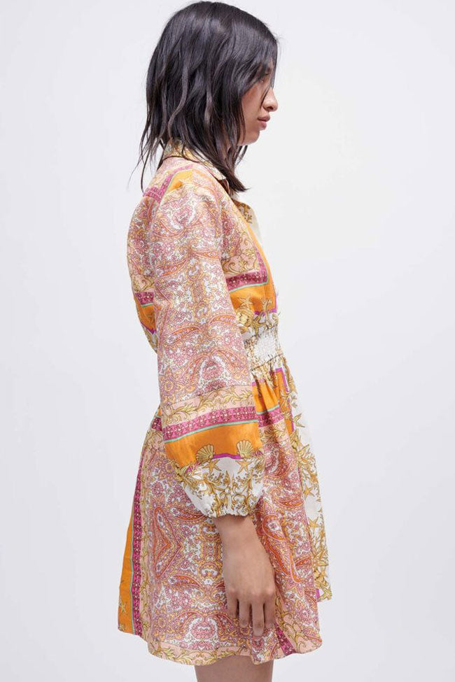 Yellow Collared V-Neck Long Sleeve Paisley Print Smocked Waist A-Line Mini Dress