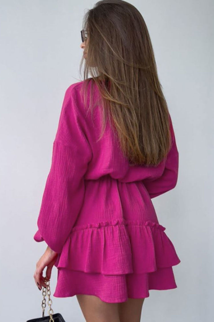 Rose V-Neck Long Sleeve Button Front Layered Ruffle Tiered A-Line Mini Dress