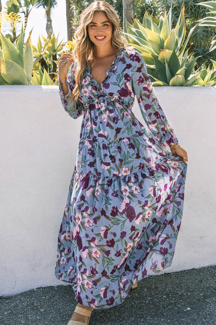 Blue V-Neck Long Sleeve Floral Print Chiffon Ruffle Tiered Maxi Dress 2