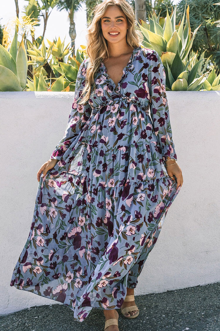 Blue V-Neck Long Sleeve Floral Print Chiffon Ruffle Tiered Maxi Dress 3