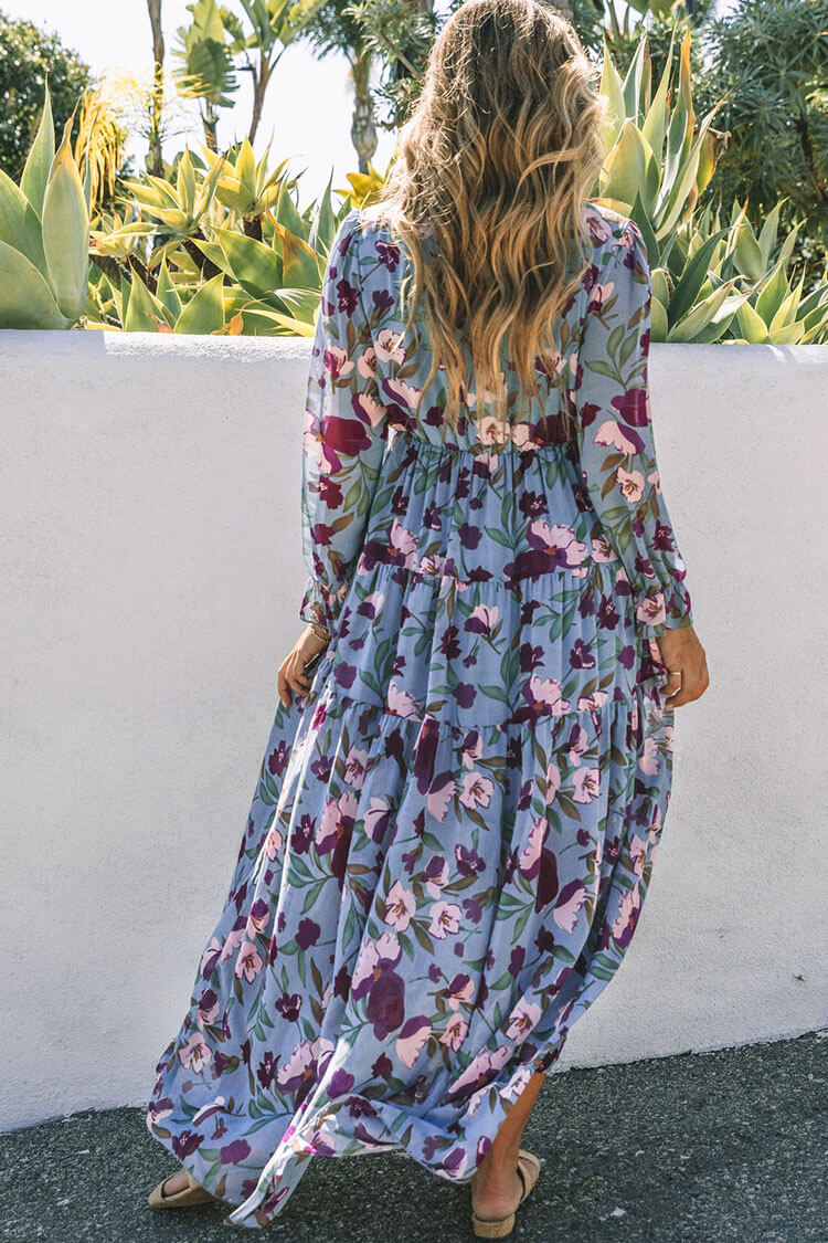 Blue V-Neck Long Sleeve Floral Print Chiffon Ruffle Tiered Maxi Dress 4