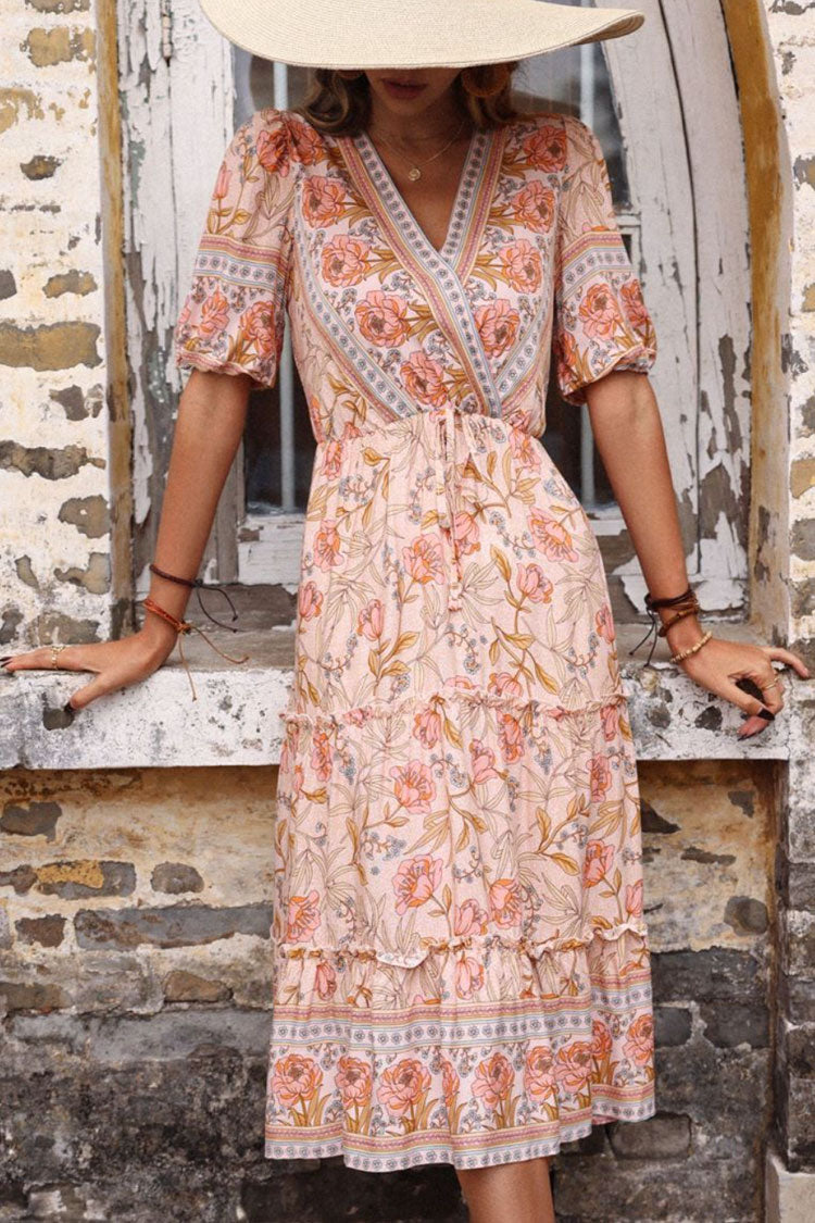 V-Neck Short Sleeve Floral Print Tiered Ruffle Wrap Midi Dress