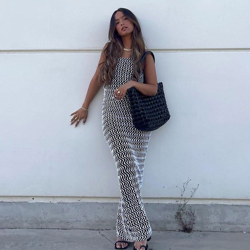 Black Spaghetti Strap Wavy Zigzag Print Bodycon Maxi Dress