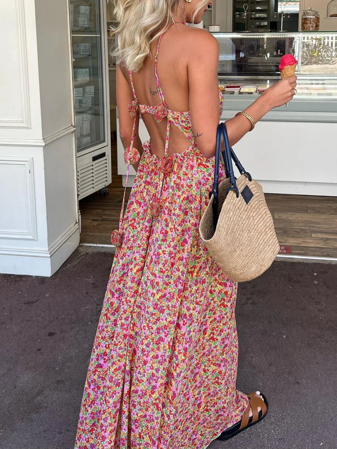 Boho Floral Print Rosette Decor Halter Long Dress Multicolor / XS Dresses