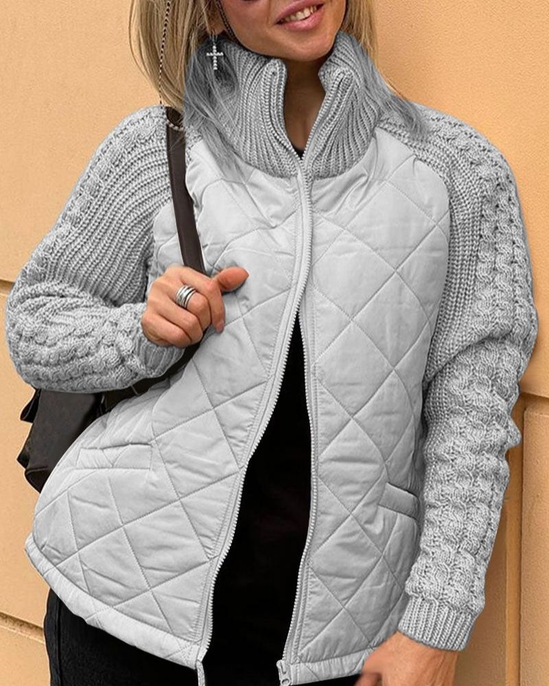 Stand Collar Zip Front Quilted Cable Knit Sleeve Jacket