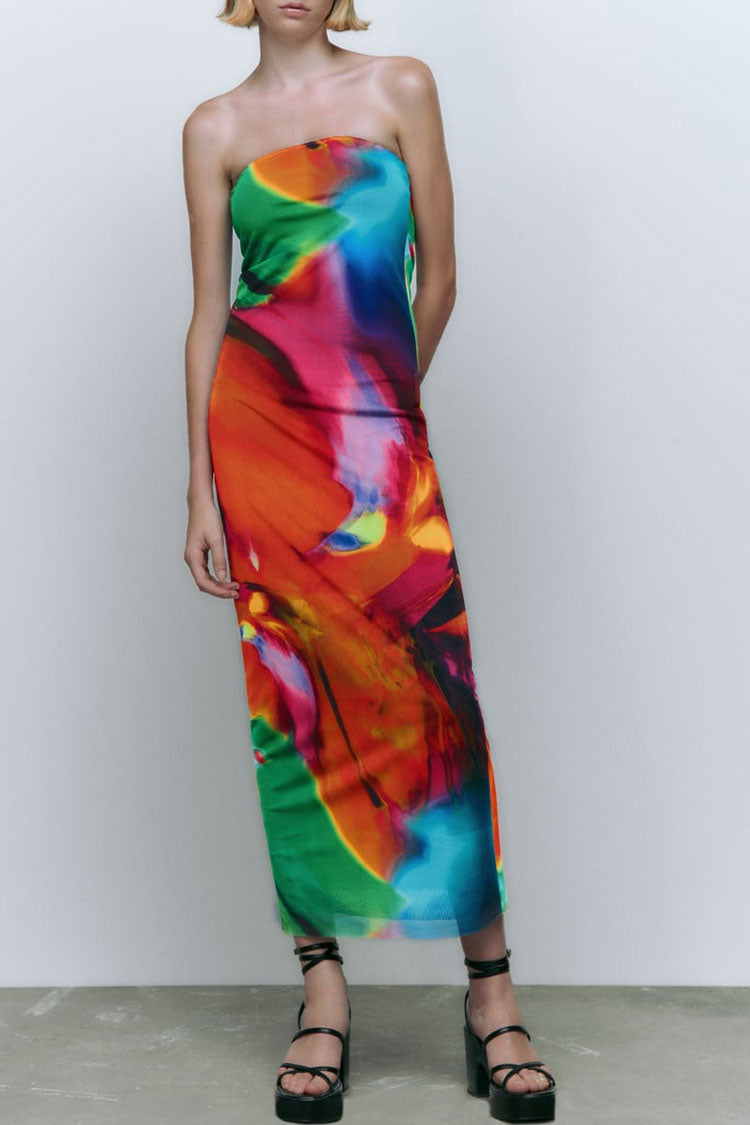 Multicolor Strapless Abstract Print Mesh Bodycon Maxi Dress