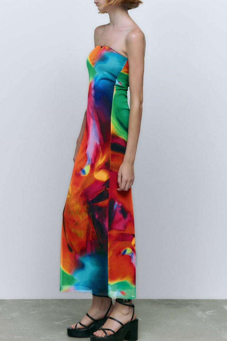 Multicolor Strapless Abstract Print Mesh Bodycon Maxi Dress