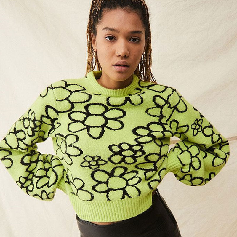 Green Crew Neck Floral Daisy Jacquard Balloon Sleeve Cropped Knit Sweater