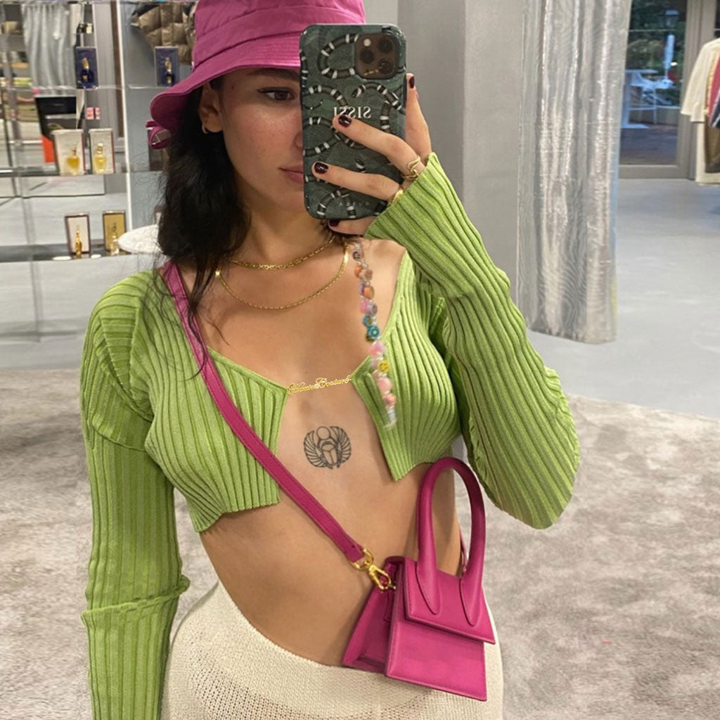 Green Chain Open Front Long Sleeve Ribbed Crop Cardigan
