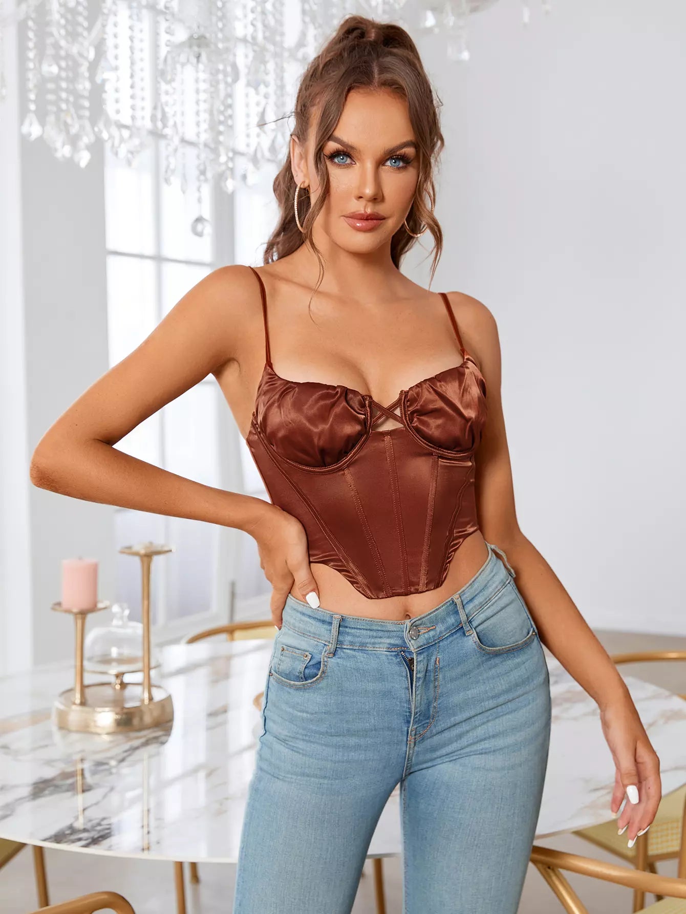 Boning Underwire Cut Out Satin Corset Top