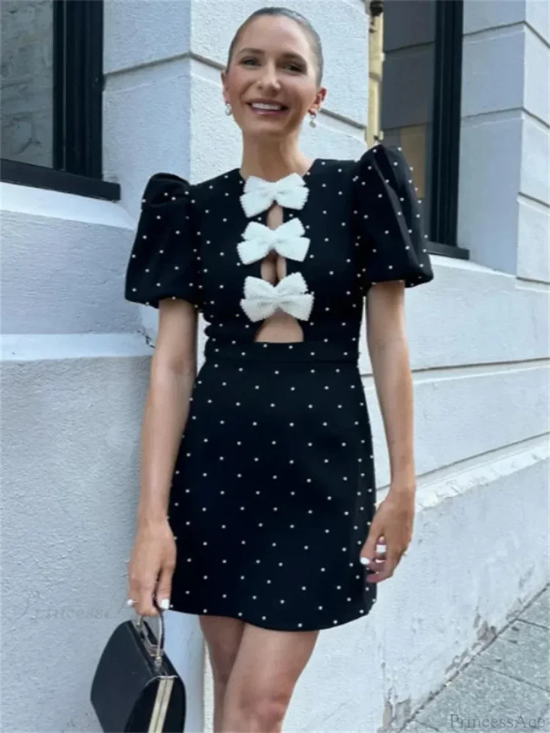 Bow Hollow-Out Patchwork Mini Dress