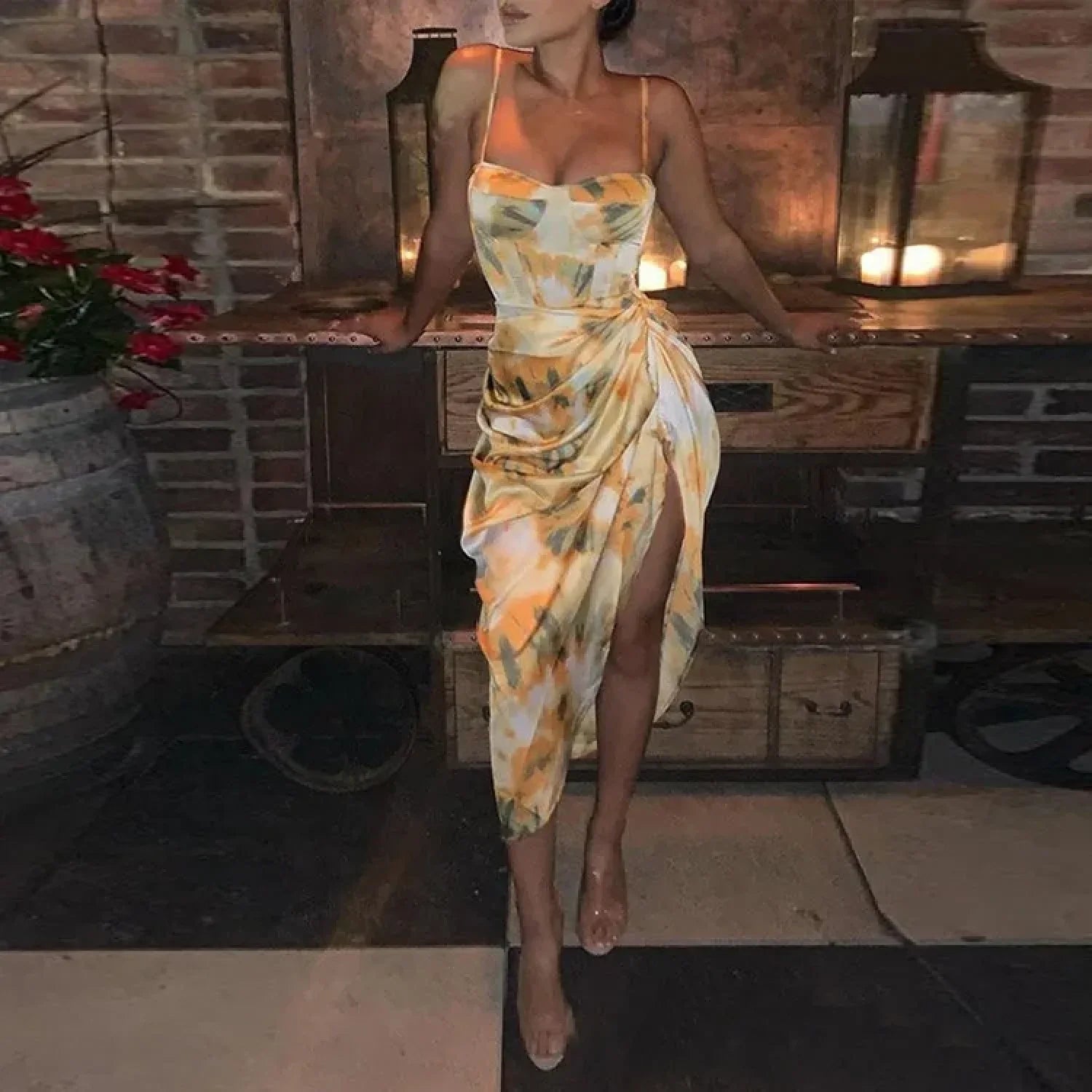 Bow Spaghetti Strap Floral Dress yellow 1 / S