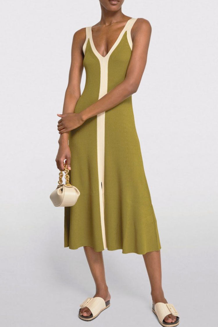 Green V-Neck Contrast Trim Ribbed Knit Front Slit A-Line Midi Dress