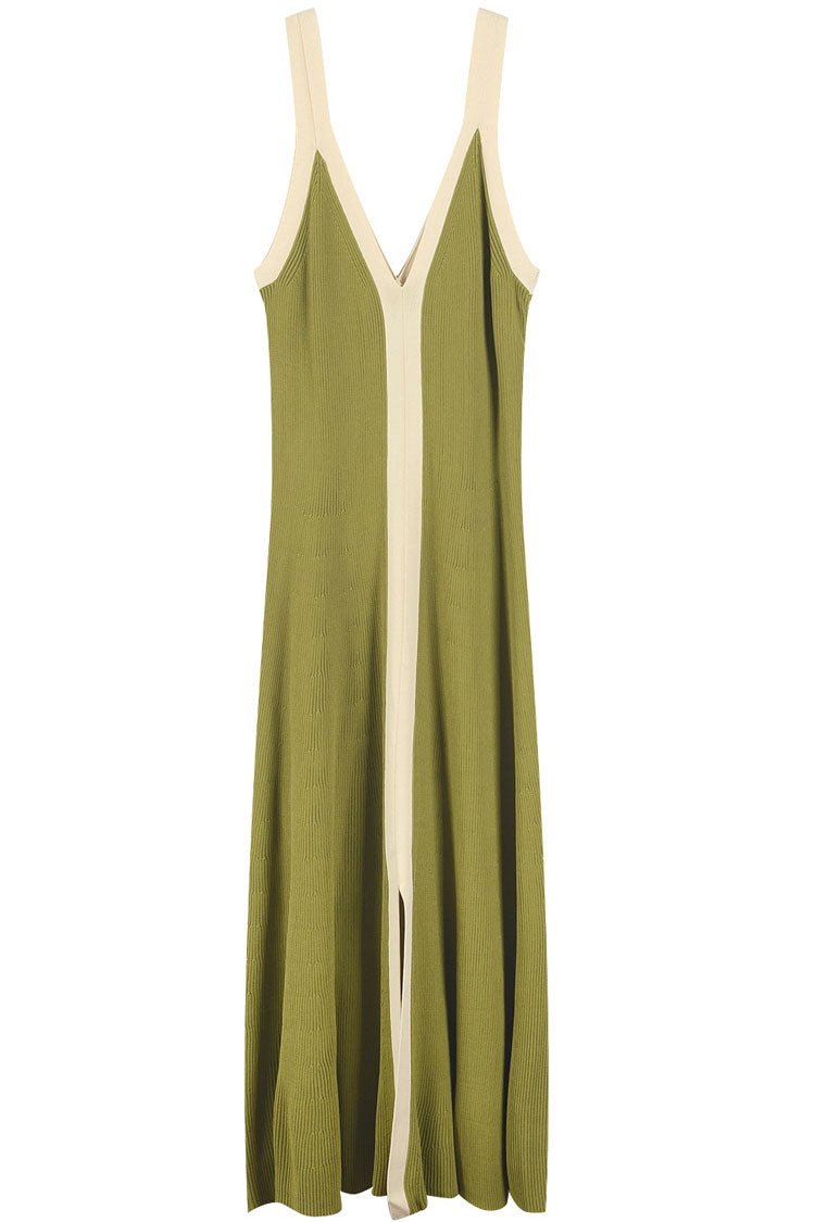 Green V-Neck Contrast Trim Ribbed Knit Front Slit A-Line Midi Dress 3