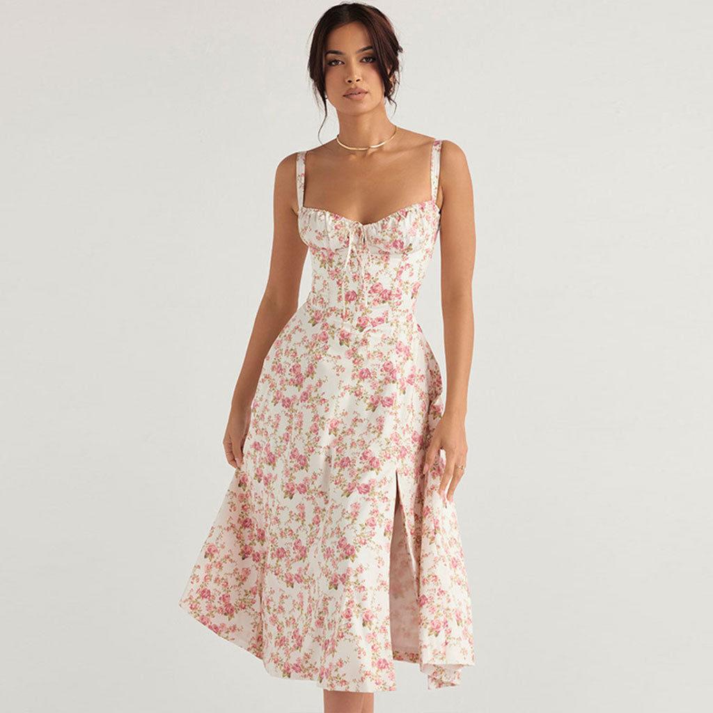 Pink Spaghetti Strap Floral Sweetheart Corset A-Line Midi Sundress