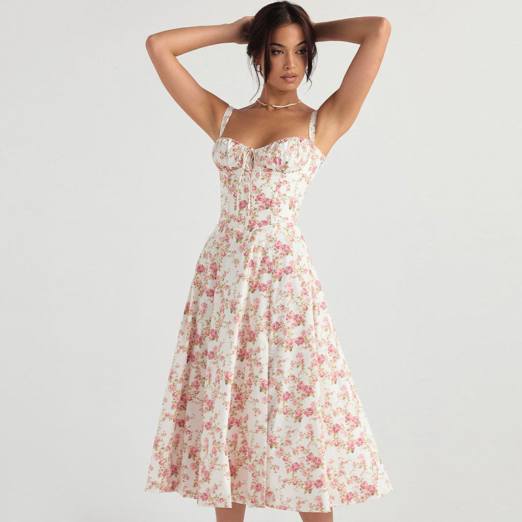 Pink Spaghetti Strap Floral Sweetheart Corset A-Line Midi Sundress