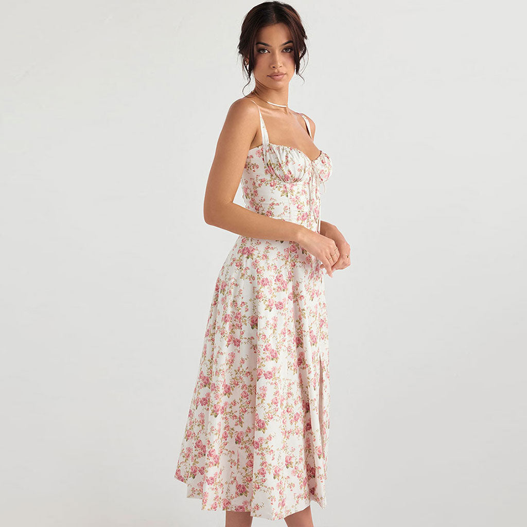 Pink Spaghetti Strap Floral Sweetheart Corset A-Line Midi Sundress