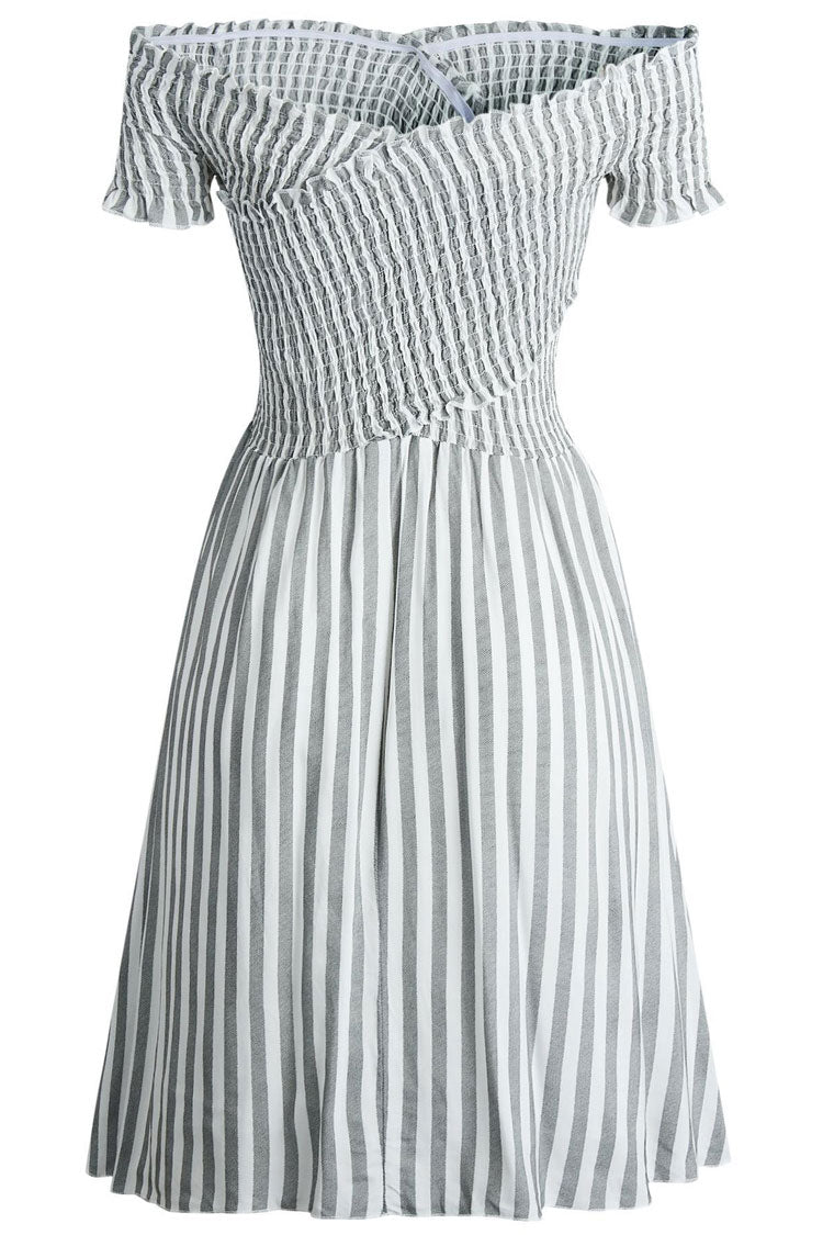 Gray Off-Shoulder Striped Smocked Bodice A-Line Mini Sundress
