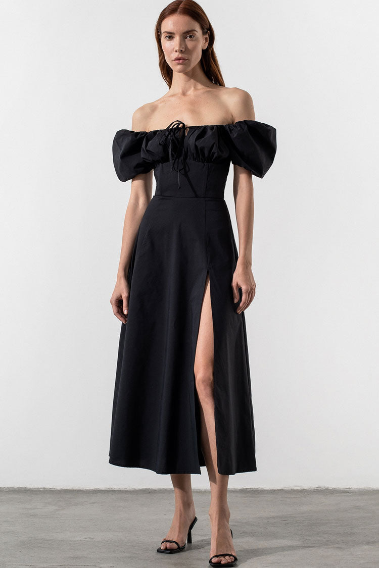 Black Off-Shoulder Puff Sleeve Tie Front High Slit A-Line Midi Dress