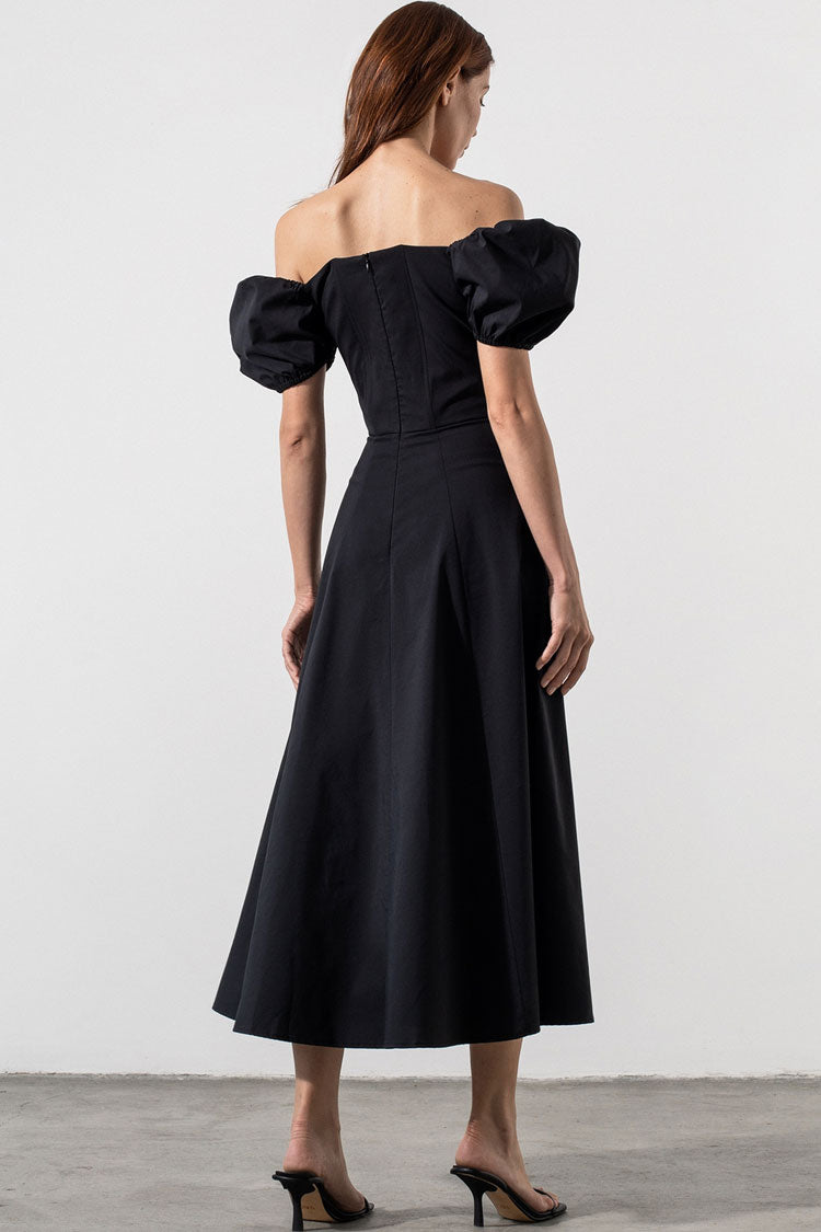 Black Off-Shoulder Puff Sleeve Tie Front High Slit A-Line Midi Dress