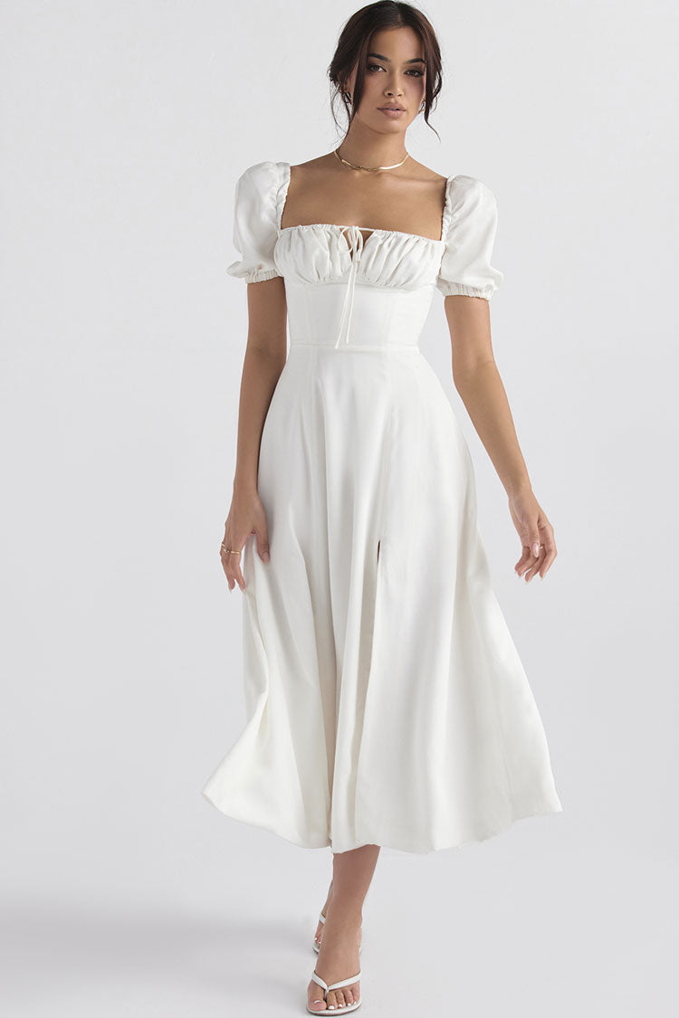 White Square Neck Puff Sleeve Ruched High Slit A-Line Midi Dress