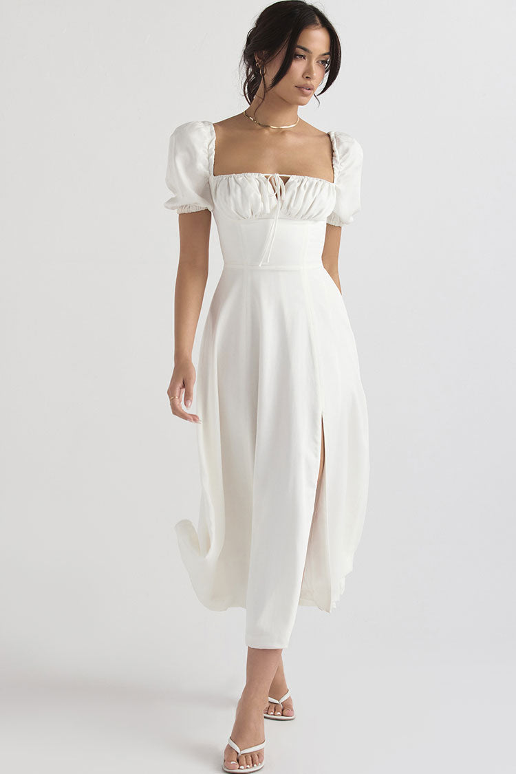 White Square Neck Puff Sleeve Ruched High Slit A-Line Midi Dress
