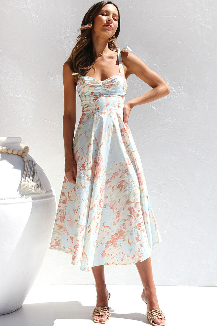 Apricot Sweetheart Tie Strap Floral Ruched Fit Flare Midi Dress