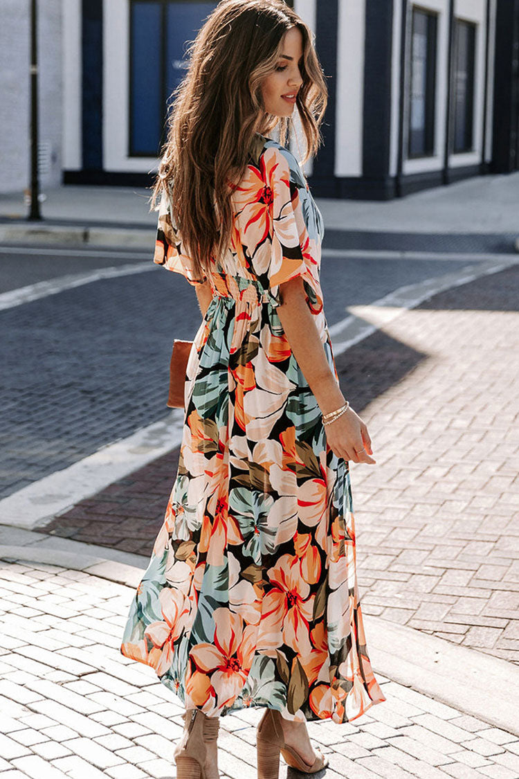Floral V-Neck Floral Flutter Sleeve Twist Front High Slit Chiffon Maxi Dress
