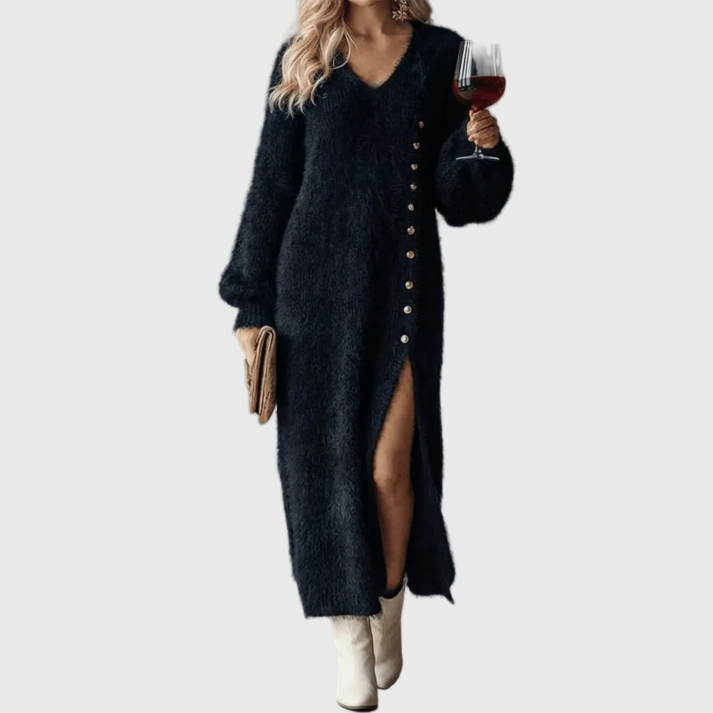 V-Neck Fuzzy Knit Button Side Slit Long Sleeve Maxi Sweater Dress 6