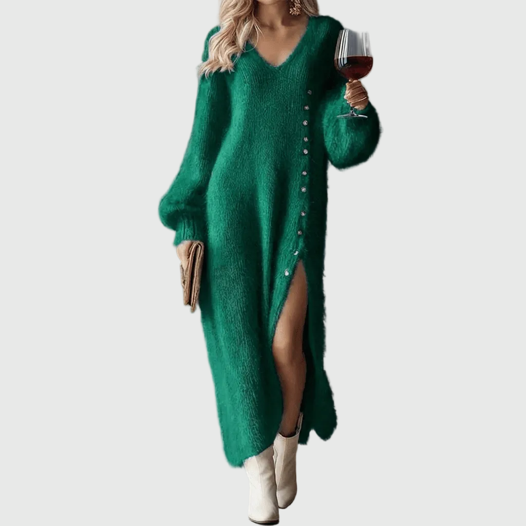 V-Neck Fuzzy Knit Button Side Slit Long Sleeve Maxi Sweater Dress 4