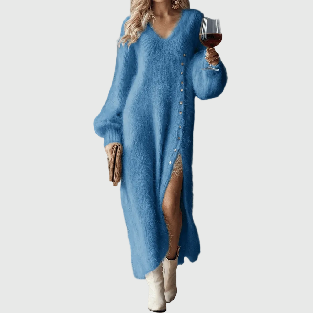 V-Neck Long Sleeve Fuzzy Knit Side Slit Sweater Maxi Dress