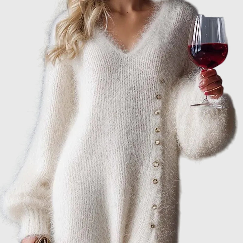 V-Neck Fuzzy Knit Button Side Slit Long Sleeve Maxi Sweater Dress 9